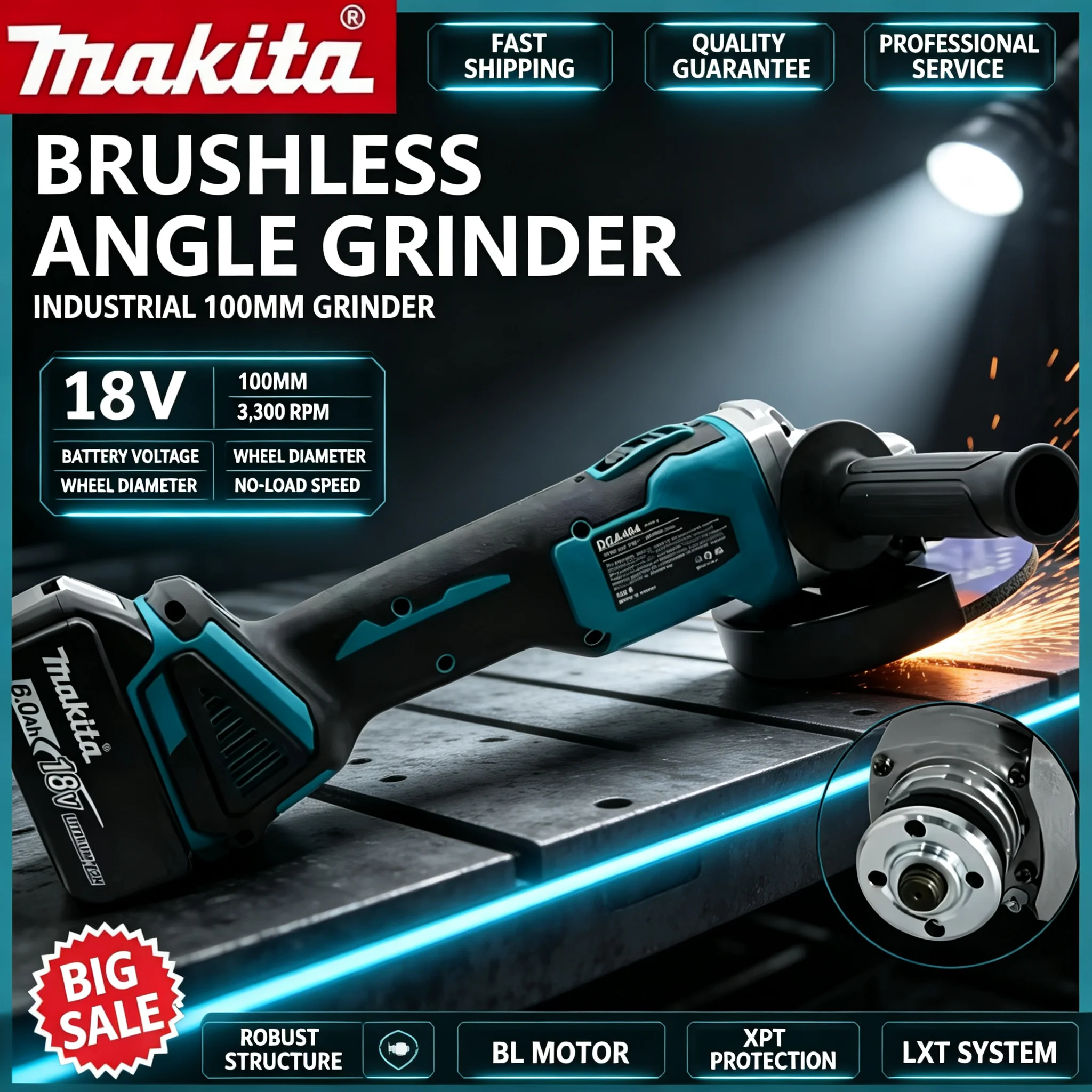 Brushless Angle Grinder Battery Powered - Esmerilhadeira angular sem escovas Makita DGA404